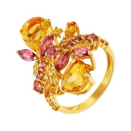 Кольцо из золота 585 пробы с сапфирами, цитринами и родолитами (17,5)