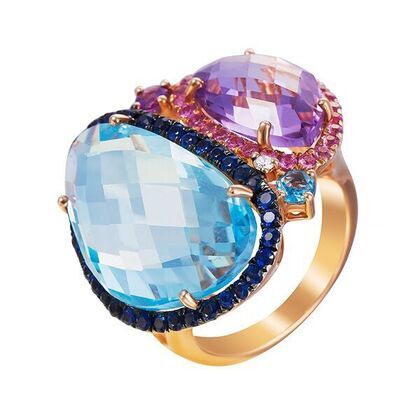 Кольцо из розового золота 585 пробы с бриллиантом, сапфирами и цветными полудрагоценными камнями (17,5)