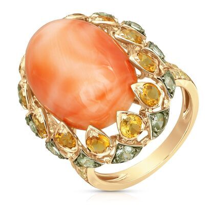 Кольцо из золота 585 пробы с кораллом, бриллиантами, сапфирами и цитринами (17)