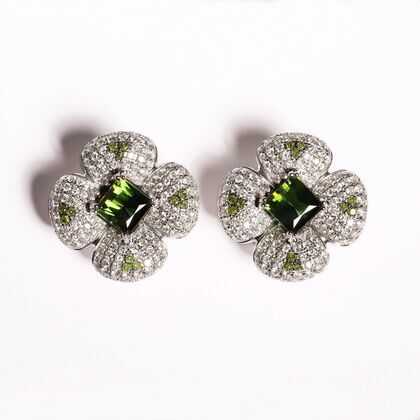 Серьги из белого золота 585 пробы с турмалинами, бриллиантами и бриллиантами облагороженными