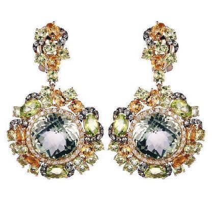 Серьги из золота 585 пробы с празиолитами, бриллиантами, сапфирами, цитринами и перидотами