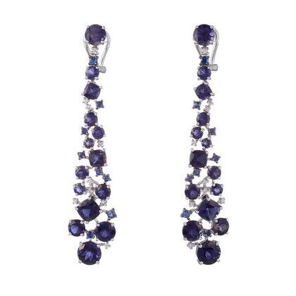 Серьги из белого золота 585 пробы с топазами лондон, бриллиантами, сапфирами и иолитами