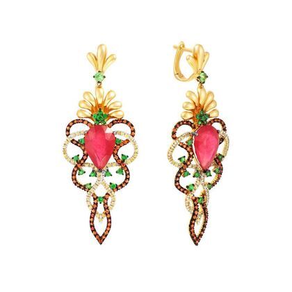 Серьги из золота 585 пробы с рубинами облагороженными, цаворитами и сапфирами