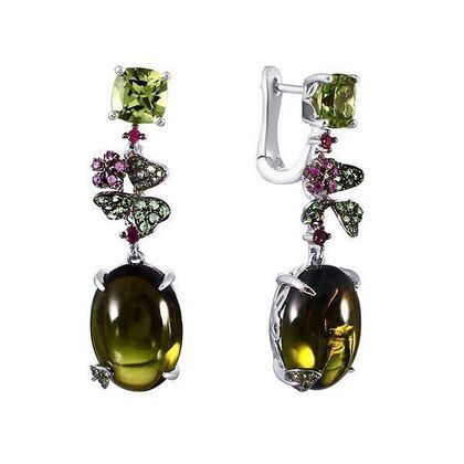 Серьги из белого золота 585 пробы с турмалинами, рубинами, сапфирами, цаворитами и перидотами