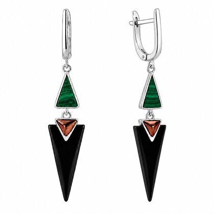 Серьги из серебра 925 пробы с ониксом и малахитами