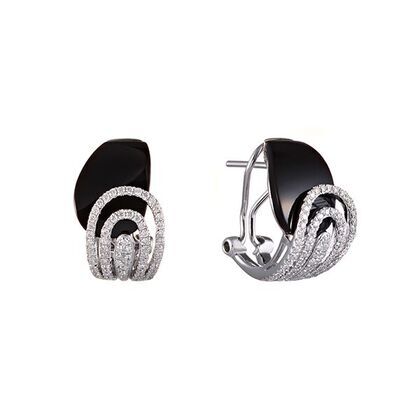 Серьги из белого золота 585 пробы с ониксом и бриллиантами